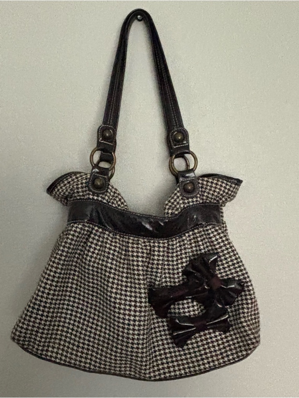 Brown and White Shoulder Bag with Bows